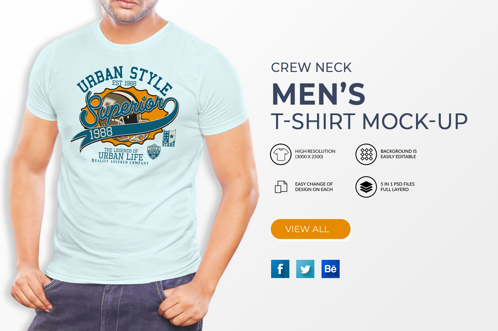 5 Editable Men's Crew Neck T-Shirt Mock-Up - Urban Style PSD Bundle