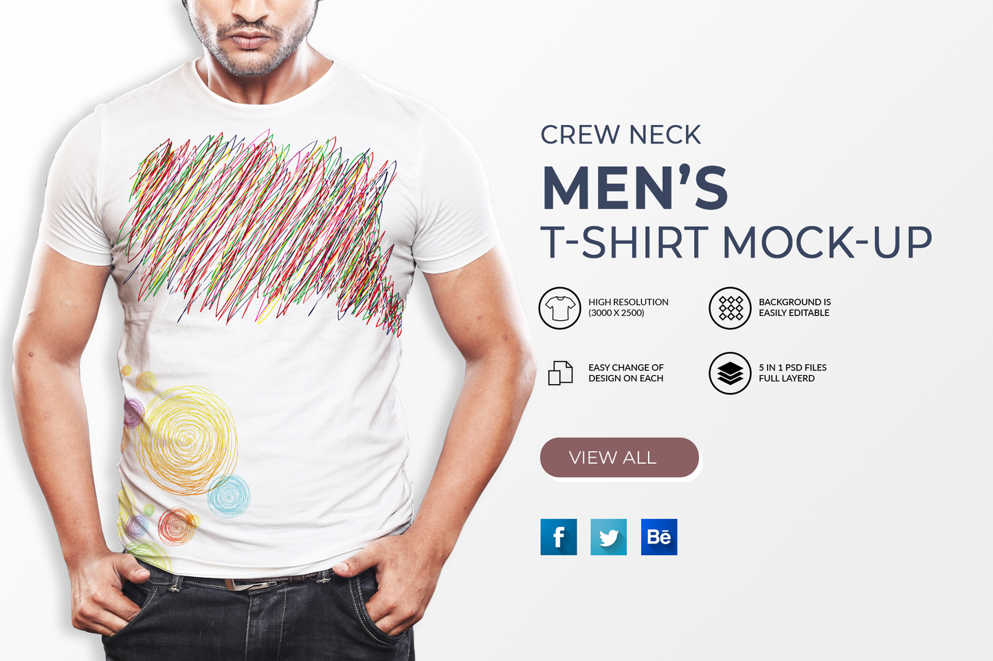 5 Editable Men's Crew Neck T-Shirt Mock-Ups PSD Bundle