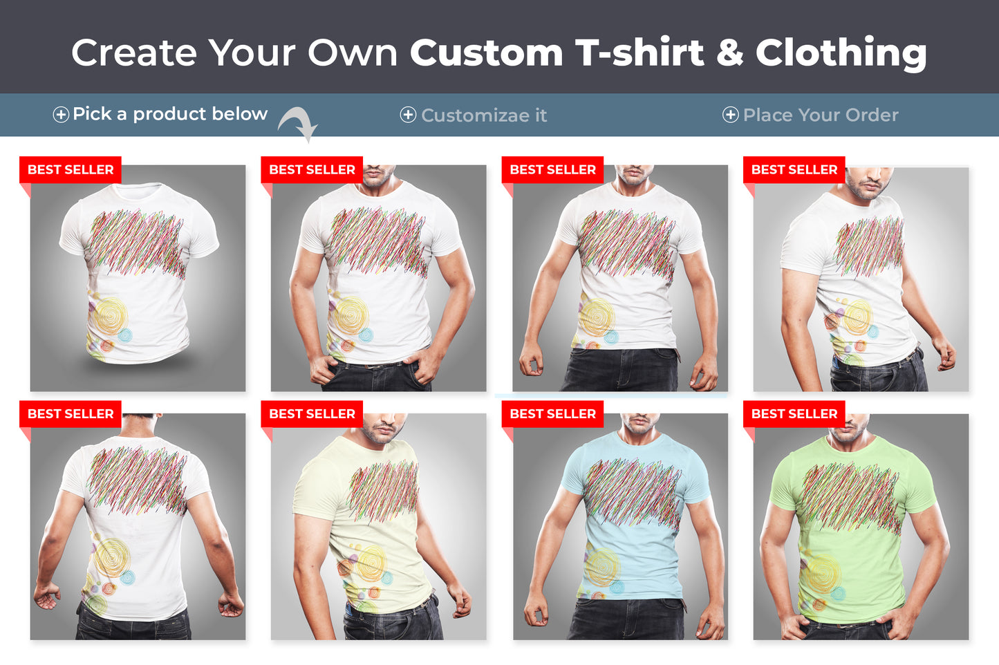 5 Editable Men's Crew Neck T-Shirt Mock-Ups PSD Bundle