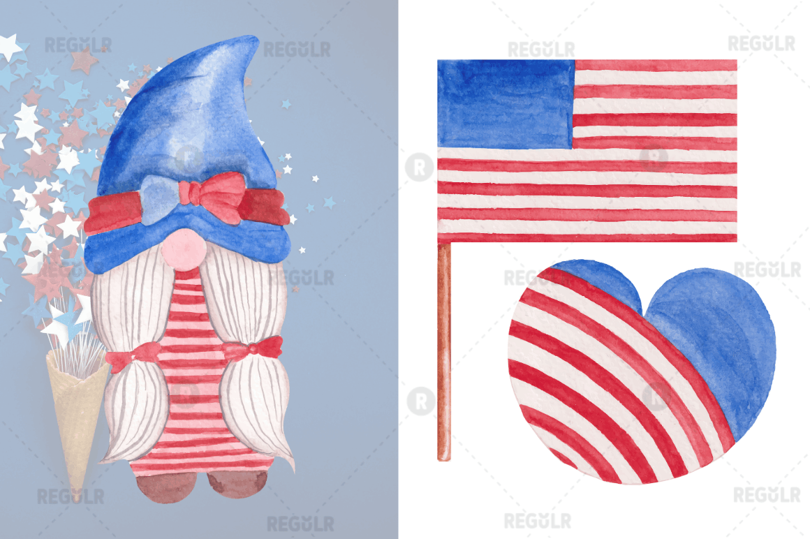 Watercolor  4th Of July Gnome Clipart Bundle