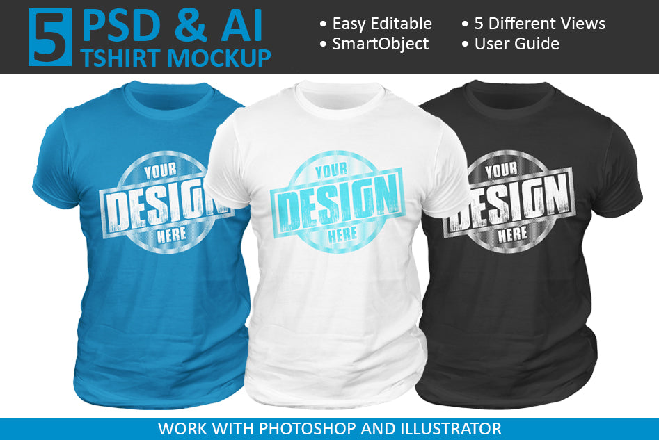 5 Editable PSD & AI T-Shirt Mockup Bundle