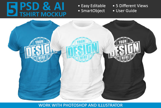 5 Editable PSD & AI T-Shirt Mockup Bundle