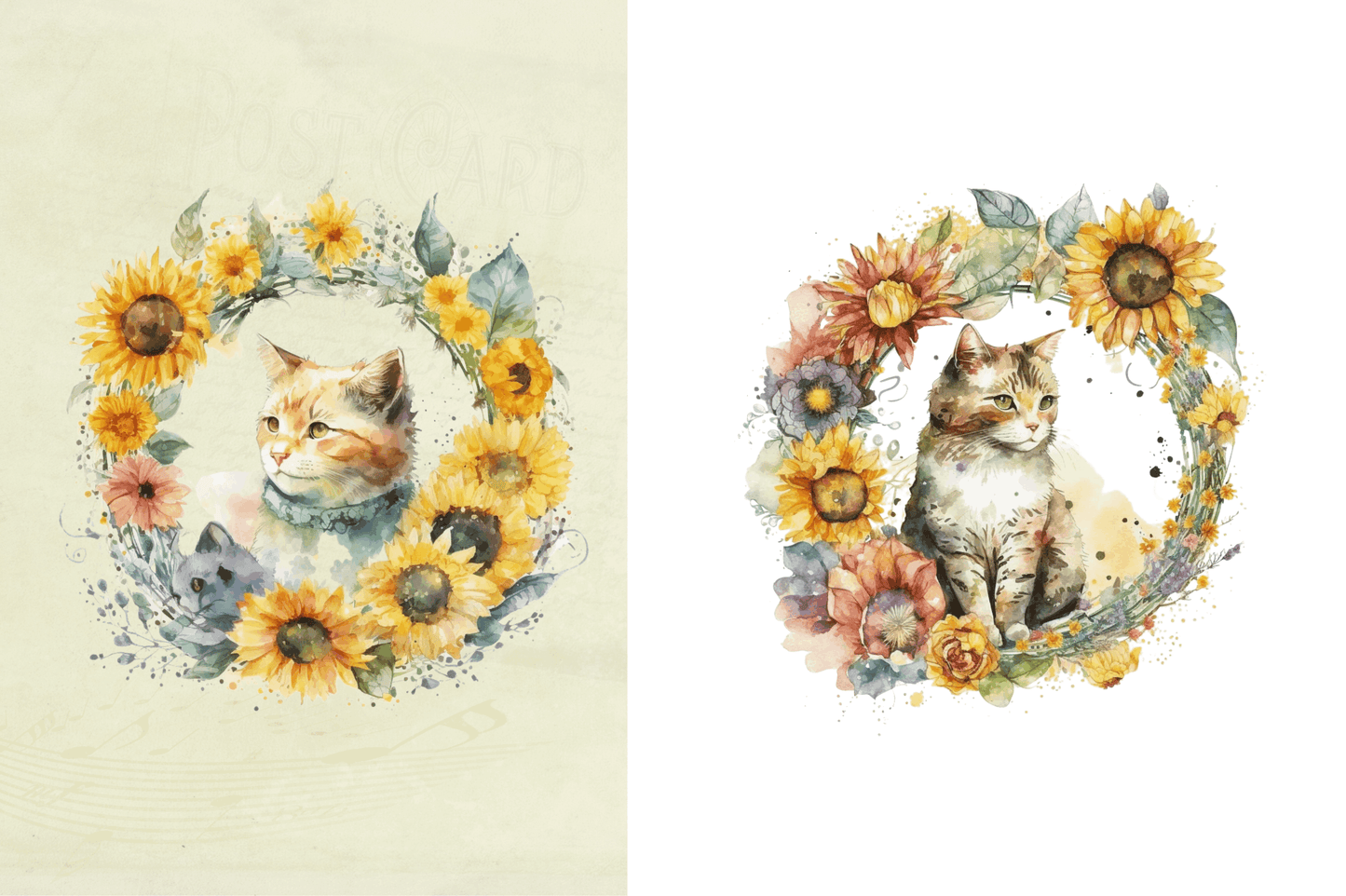 Watercolor Cat With Sunflower Bundle