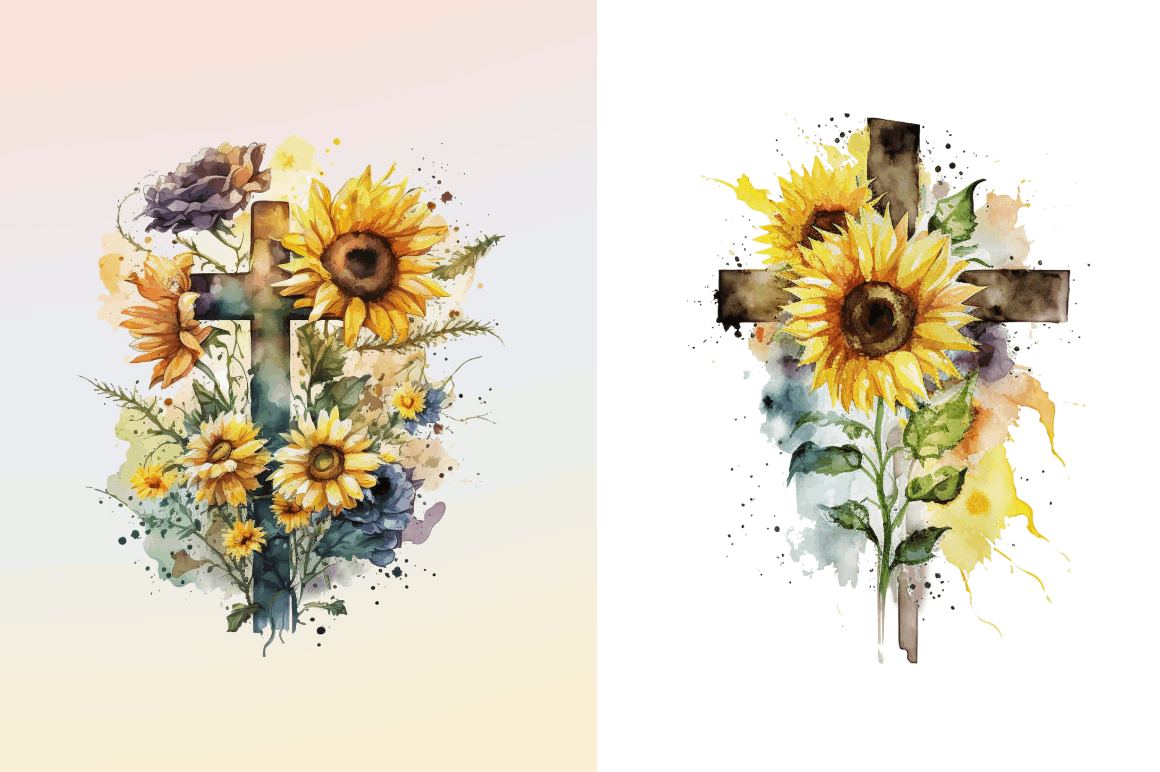 Watercolor Cross & Sunflowers Clipart Bundle