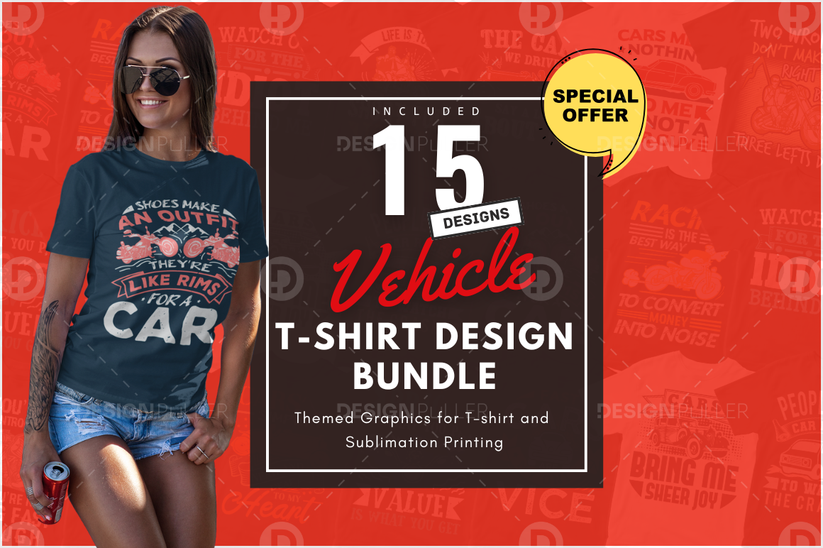 15 Editable Vehicle T-Shirt Designs Bundle