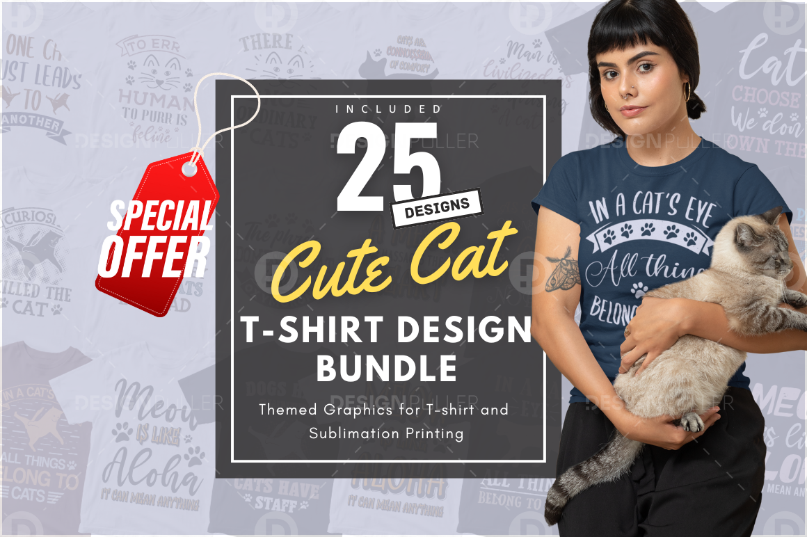 25 Editable Cute Cat T-Shirt Designs Bundle