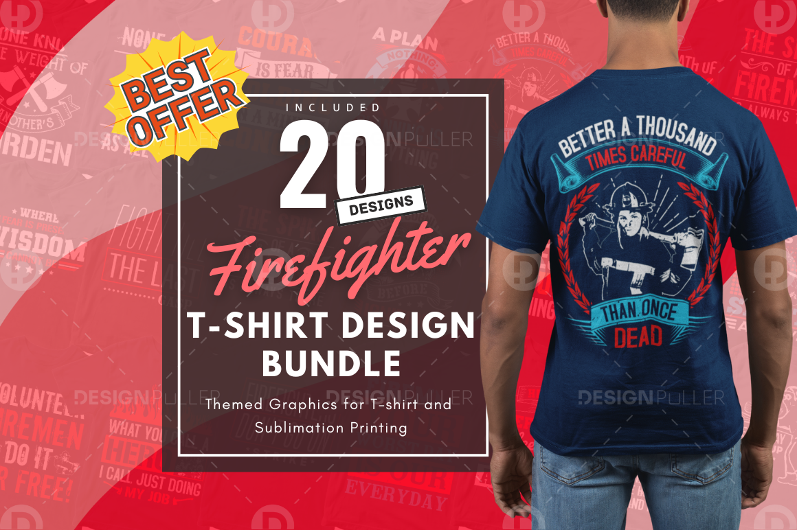 20 Editable Firefighter T-Shirt Designs Bundle