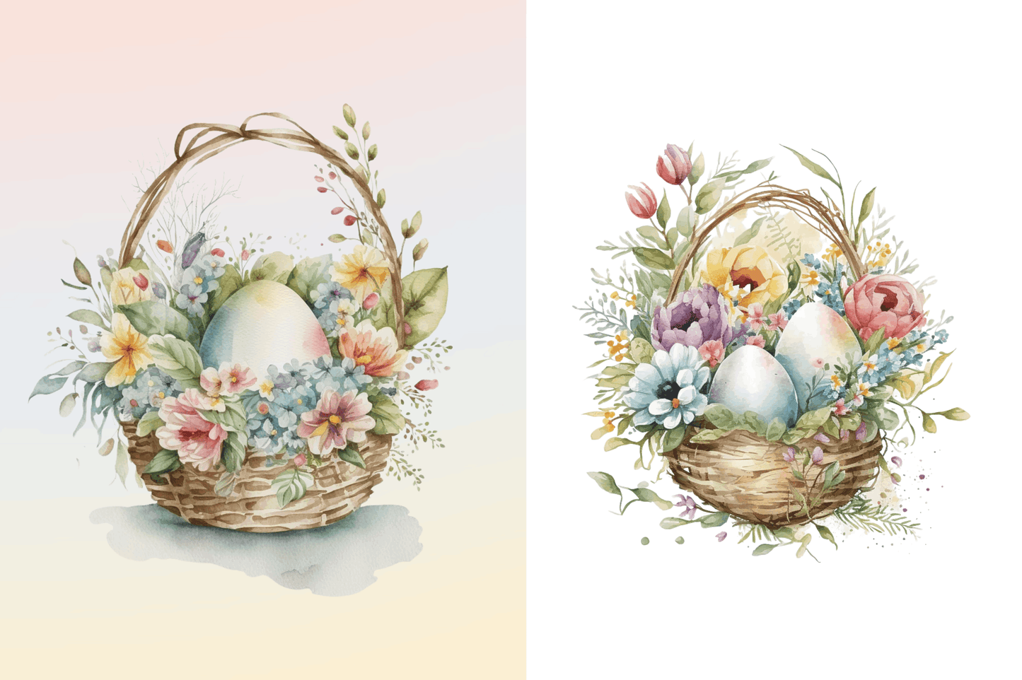 Watercolor Easter floral egg Baskets Clipart Bundle