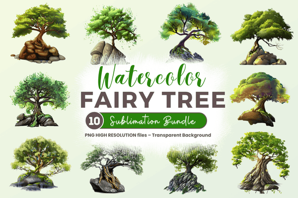 Watercolor Fairy Tree Clipart PNG Bundle