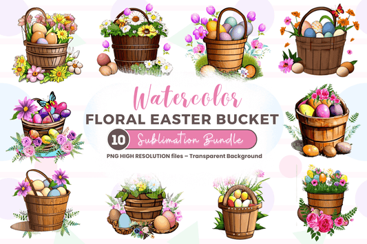 Watercolor  Floral Easter Bucket Clipart Bundle