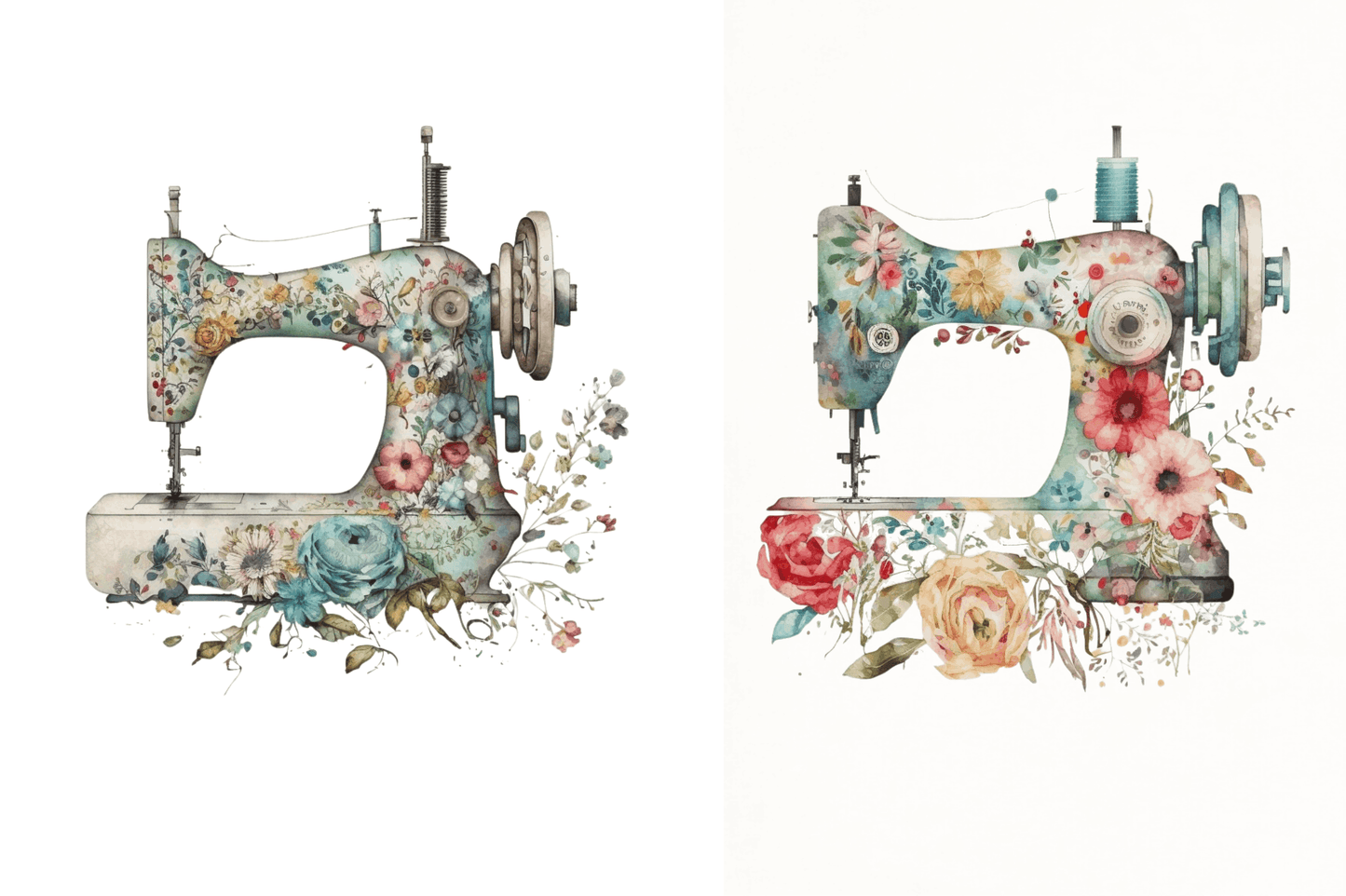 Watercolor Floral Sewing Machines Clipart Bundle