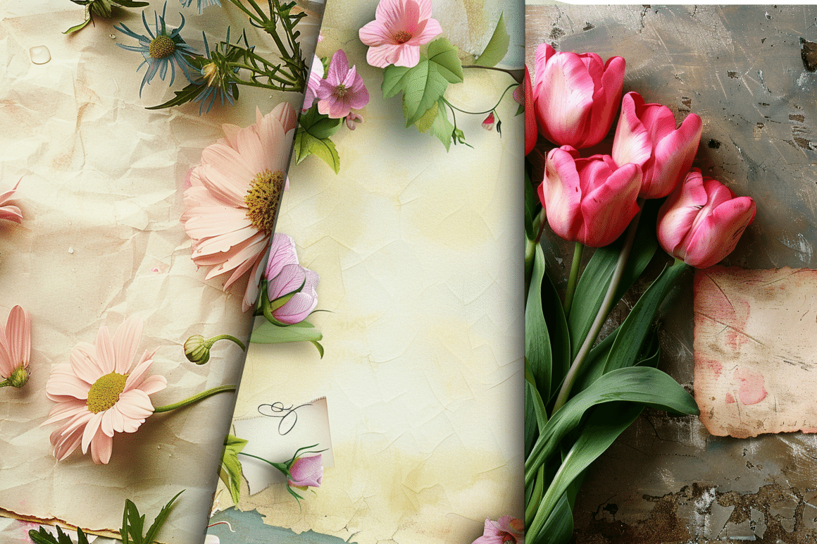 Flowers with a Note for a Sentiment Digital Papers Bundle