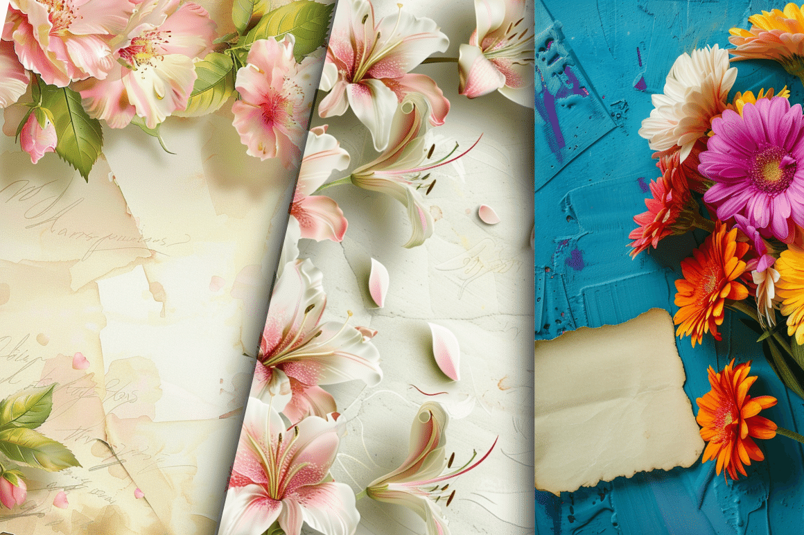 Flowers with a Note for a Sentiment Digital Papers Bundle