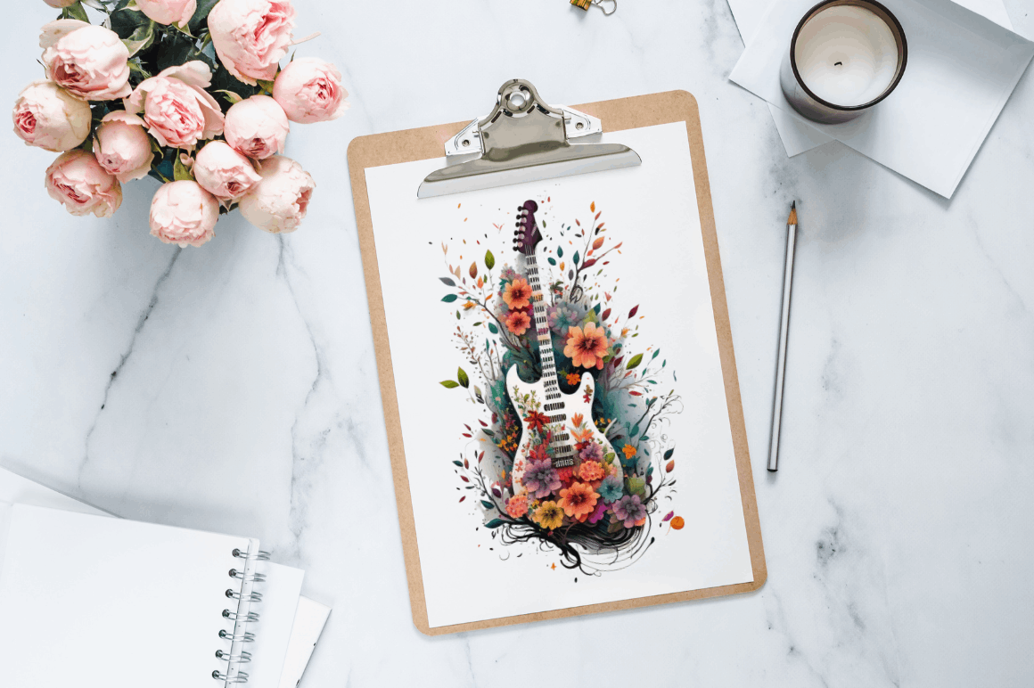 Watercolor Retro Guitar with Flowers Bundle