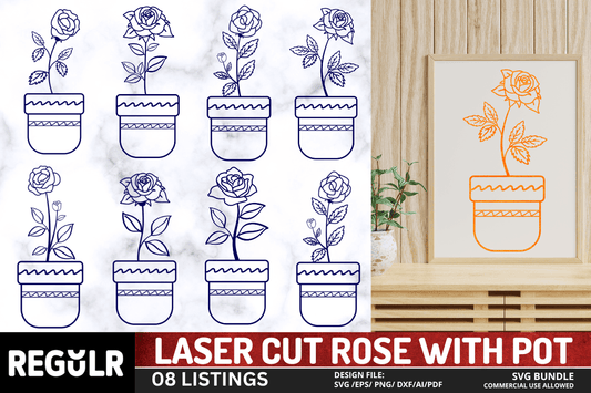 Laser Cut Rose with Pot SVG Bundle