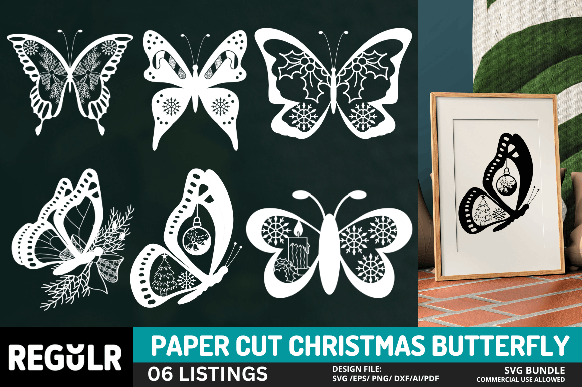 Paper Cut Christmas Butterfly SVG Bundle