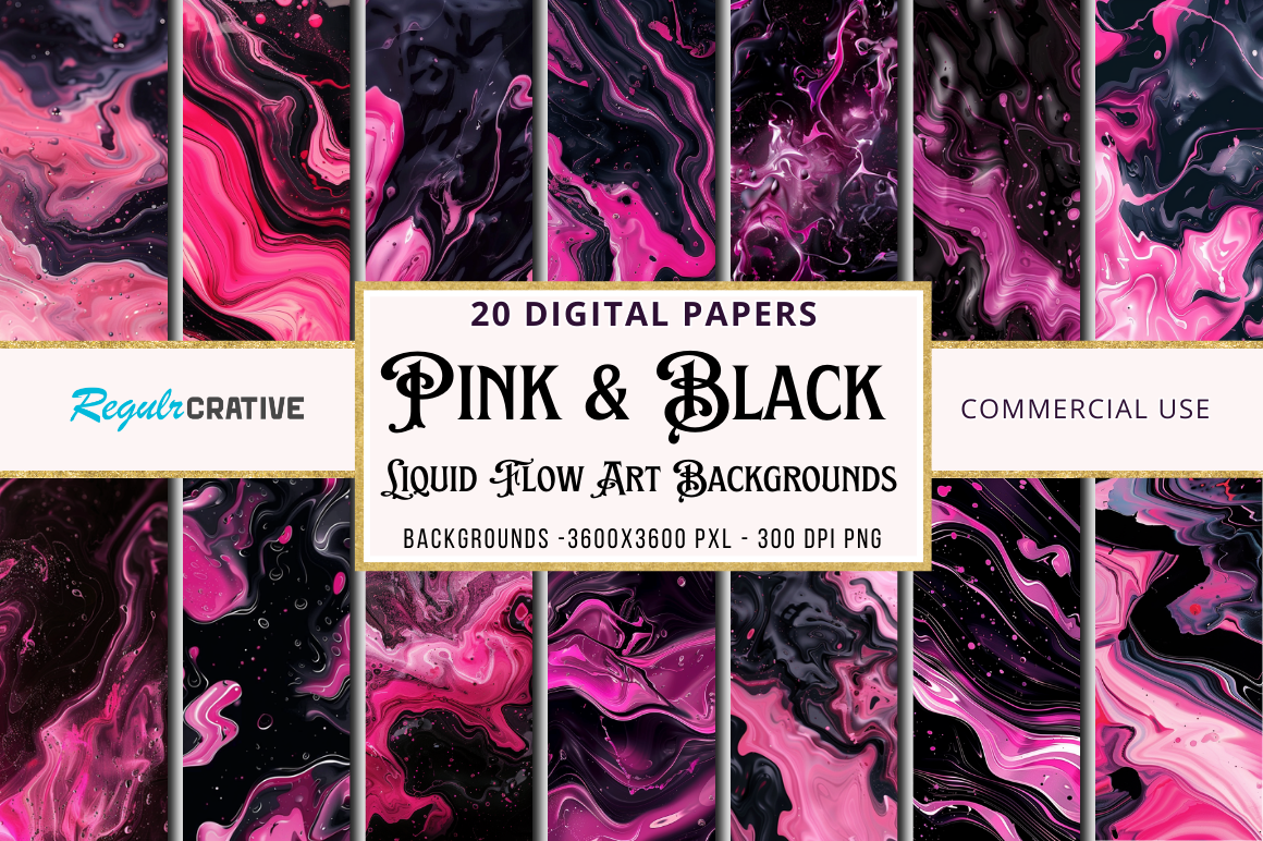 Pink & Black Liquid Flow Art Digital Papers Bundle