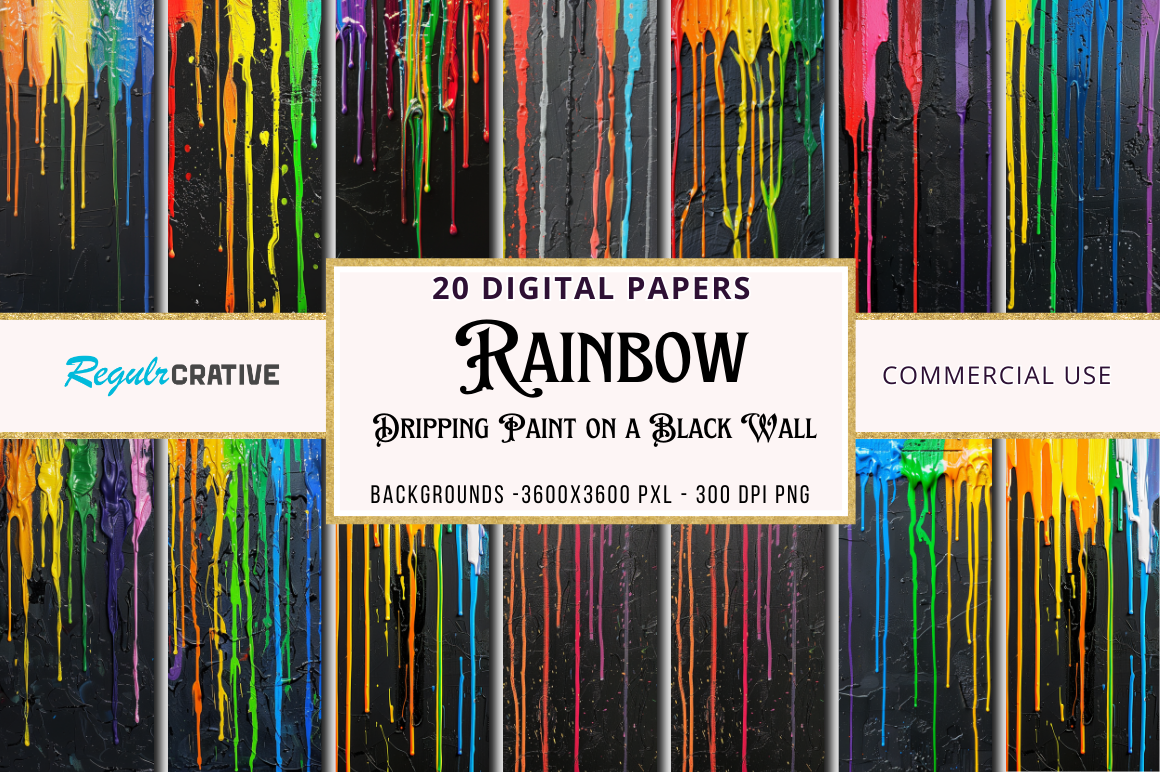 Rainbow Dripping Paint on a Black Wall Digital paper Bundle