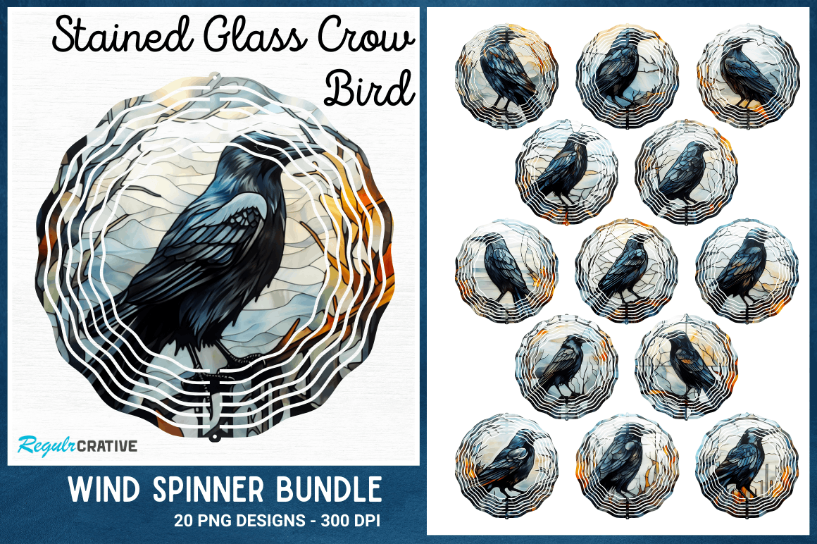 Stained Glass Crow Bird Wind Spinner Bundle