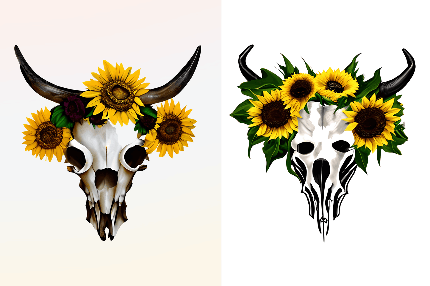 watercolor Boho Sunflower Bull Skull Clipart Bundle