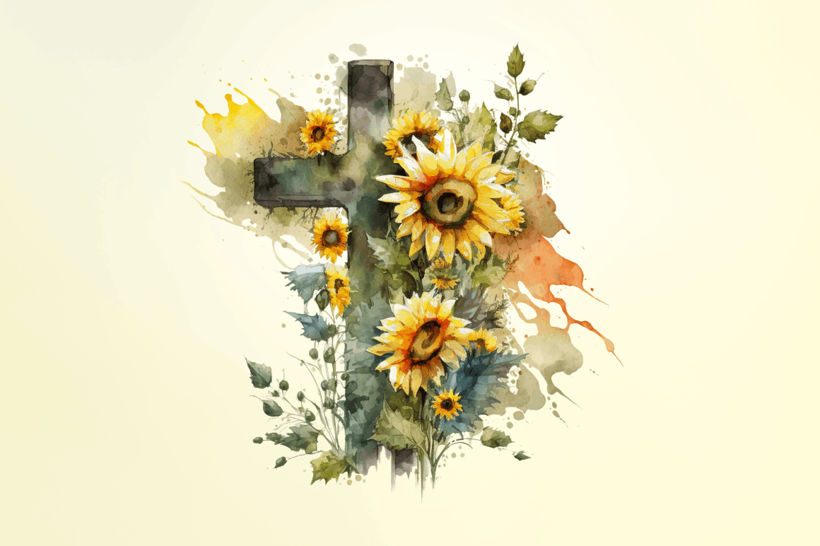 Watercolor Cross & Sunflowers Clipart Bundle