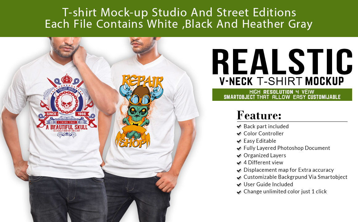 04 Editable Realistic V-Neck T-Shirt Mockup Bundle