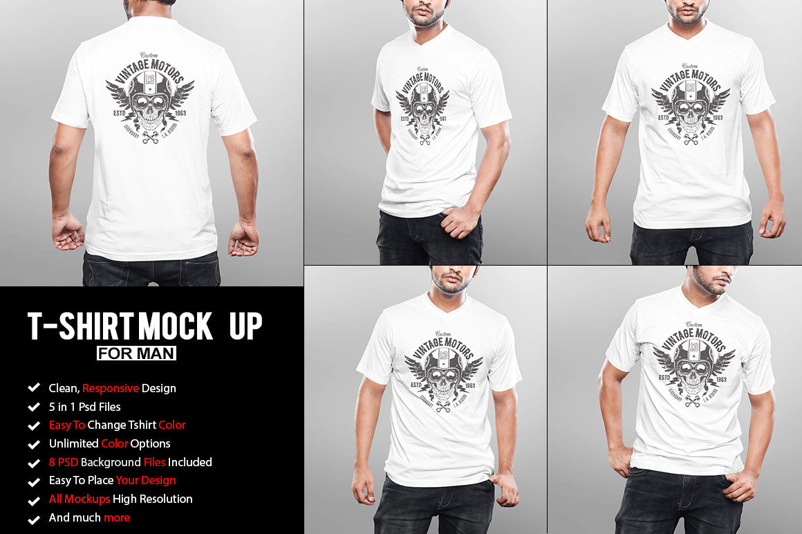 5 Editable V-Neck T-Shirt Mockup Bundle - Vol-3