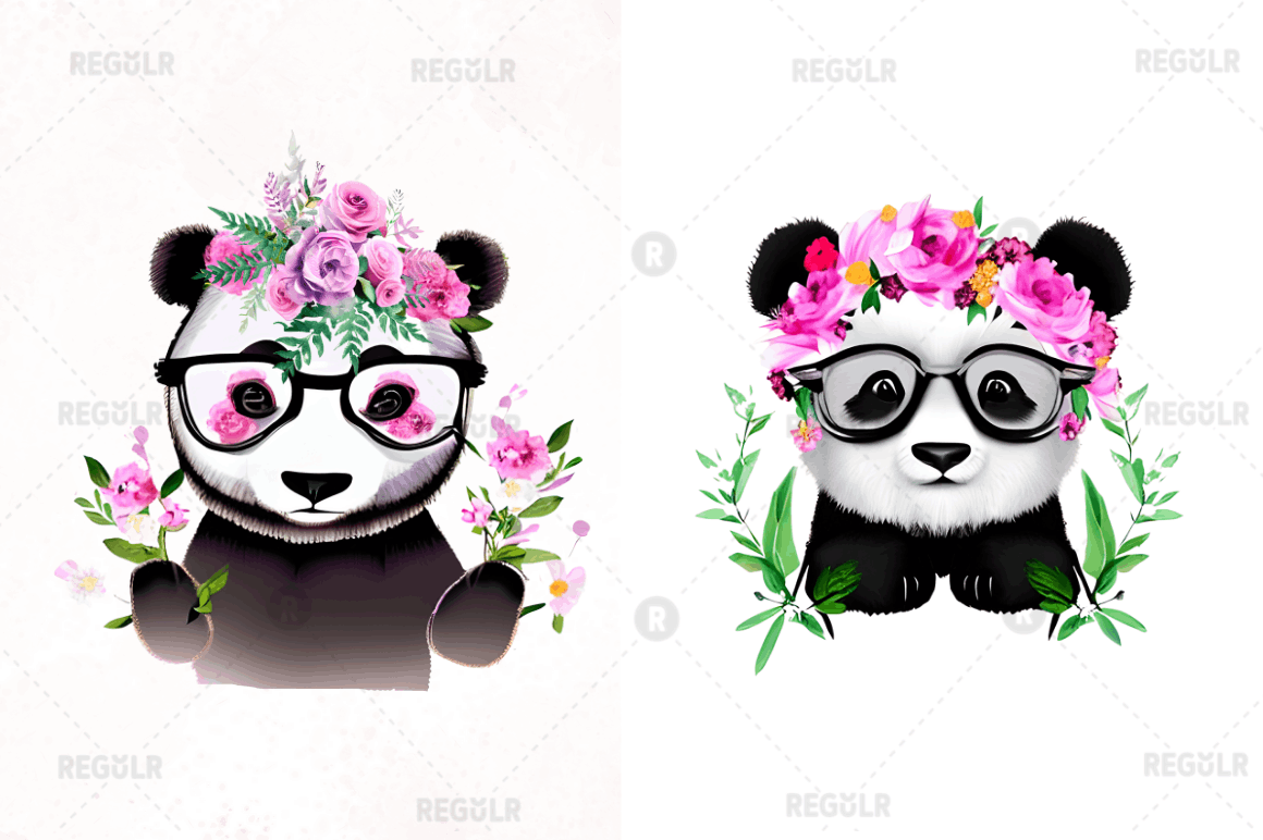 Watercolor Baby Panda and Flower Clipart Bundle