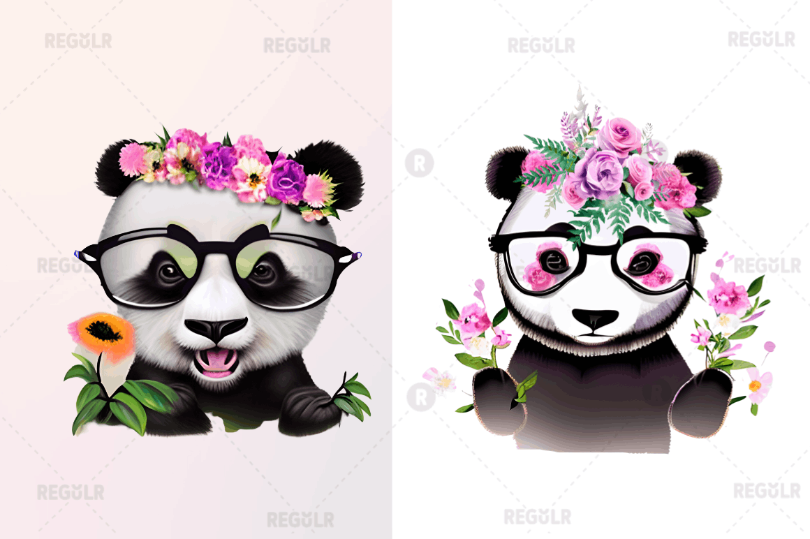 Watercolor Baby Panda and Flower Clipart Bundle