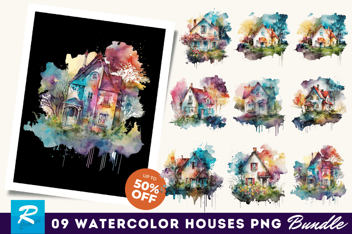 Watercolor Colorful Houses Clipart Bundle