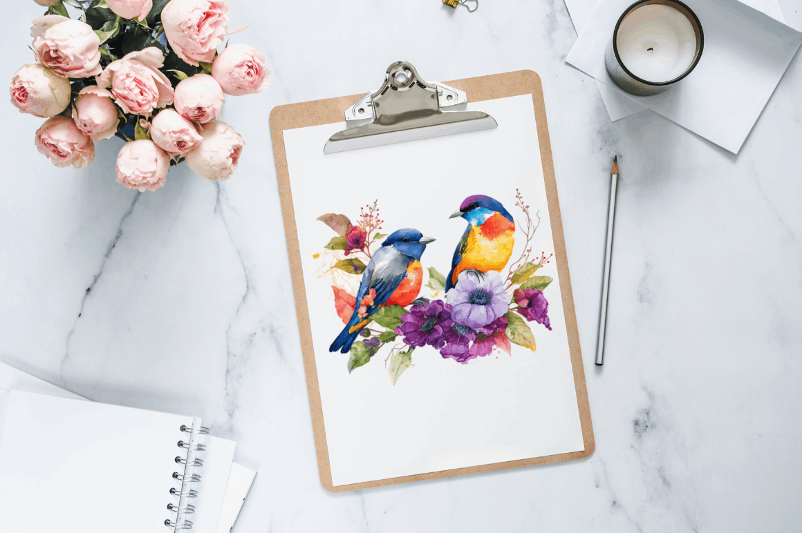 Watercolor Couple Bird Flower Clipart Bundle