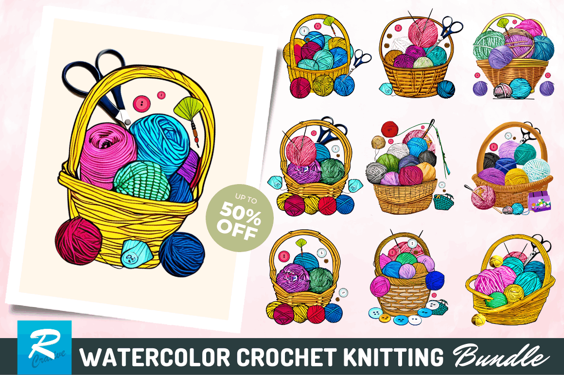 Watercolor Crochet Knitting Clipart Bundle