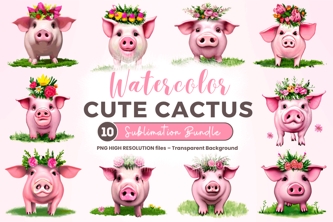 Watercolor Cute Cactus Clipart Bundle