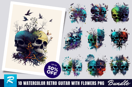 Watercolor Dark Skulls Gothic Nature Clipart Bundle