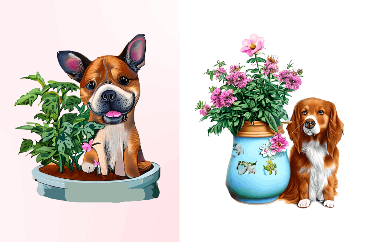 Watercolor Dog Floral Clipart Bundle