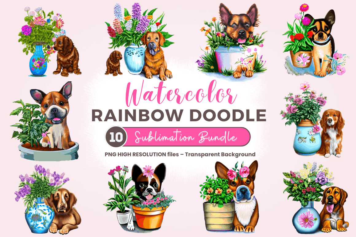 Watercolor Dog Floral Clipart Bundle