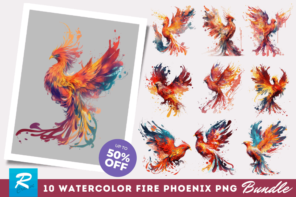 Watercolor  Fire Phoenix Clipart Bundle