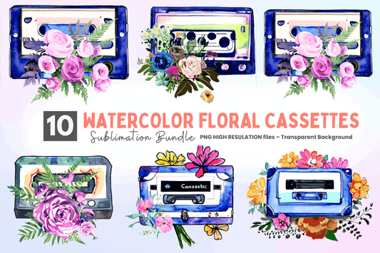 Watercolor  Floral Cassettes Clipart Bundle