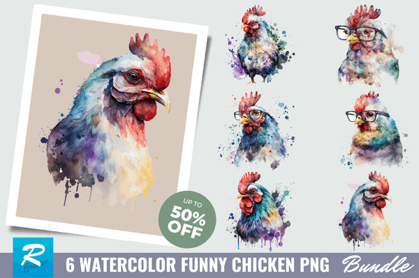 Watercolor Funny Chicken Clipart PNG Bundle