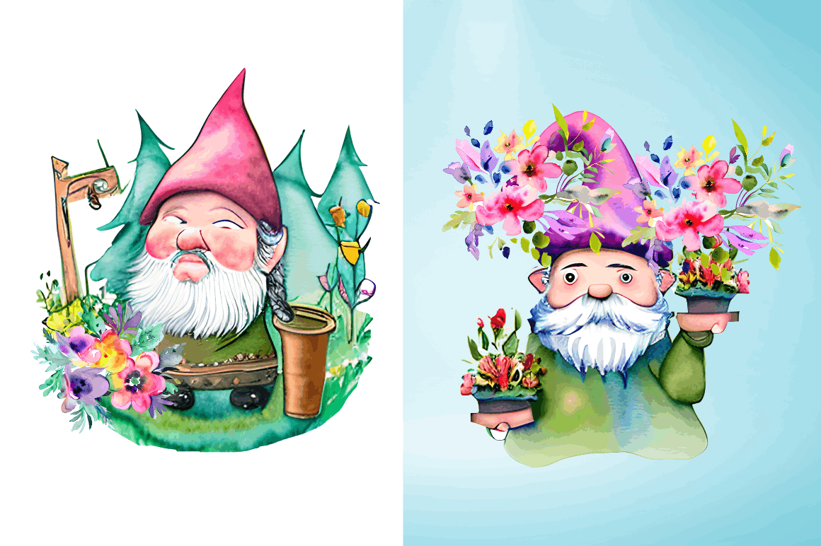 Watercolor  Garden Gnome Clipart Bundle