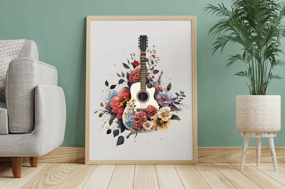 Watercolor Retro Guitar with Flowers Bundle