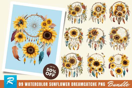 Watercolor Sunflower Dreamcatcher Clipart Bundle