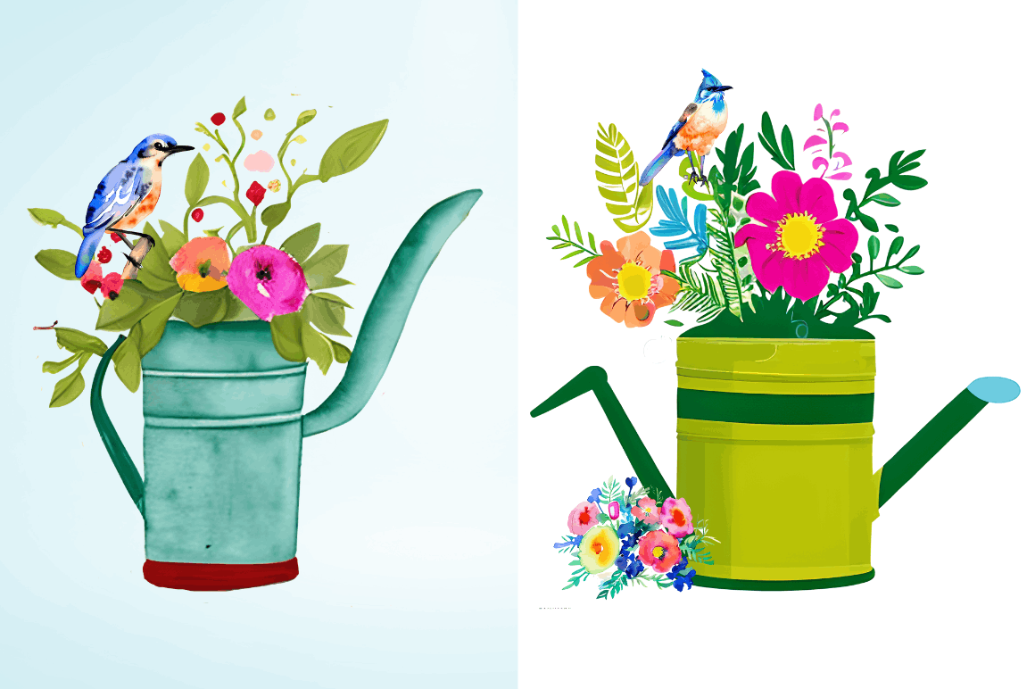 Watercolor Watering Can with Birds Clipart Bundle