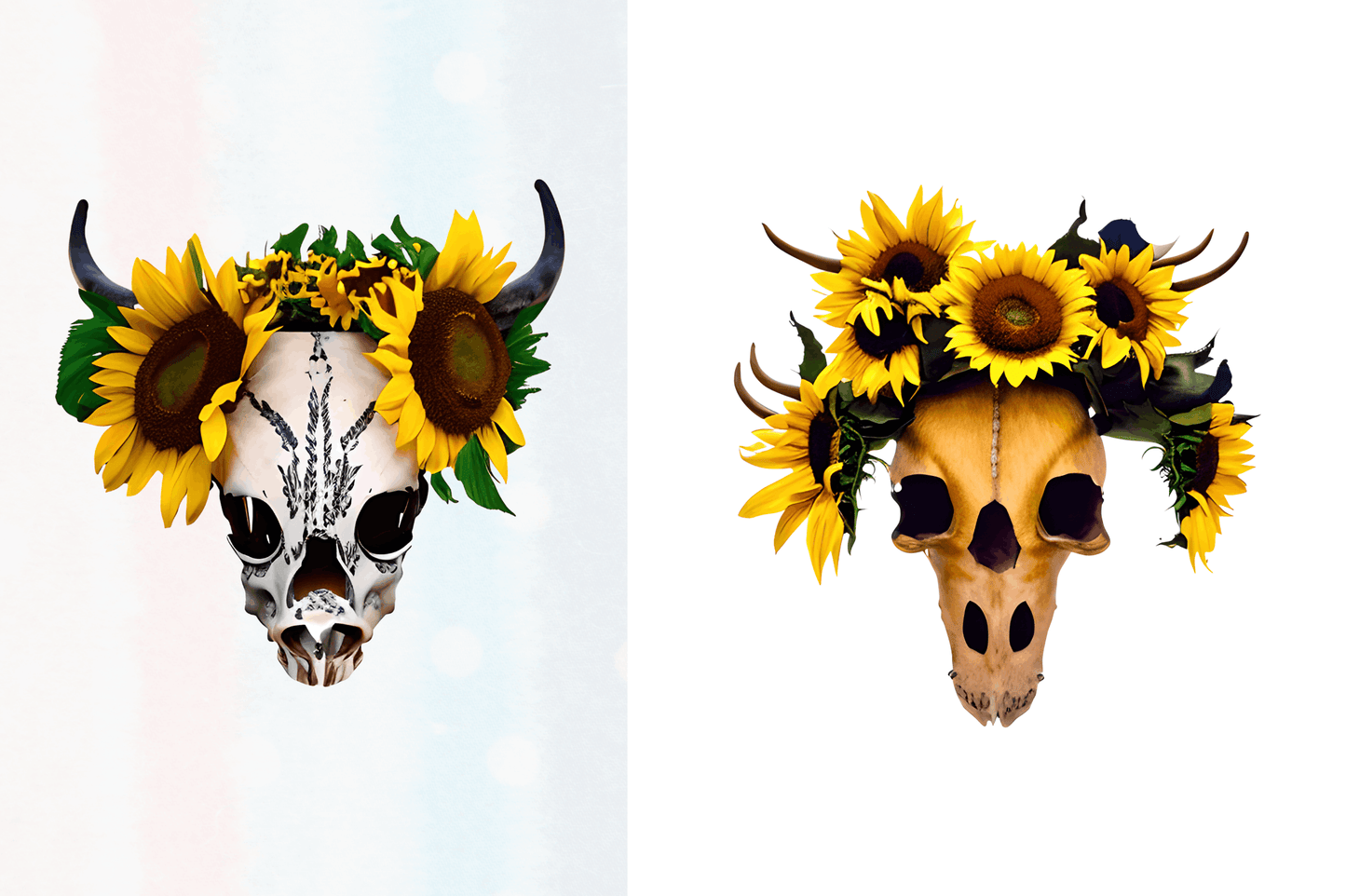 watercolor Boho Sunflower Bull Skull Clipart Bundle