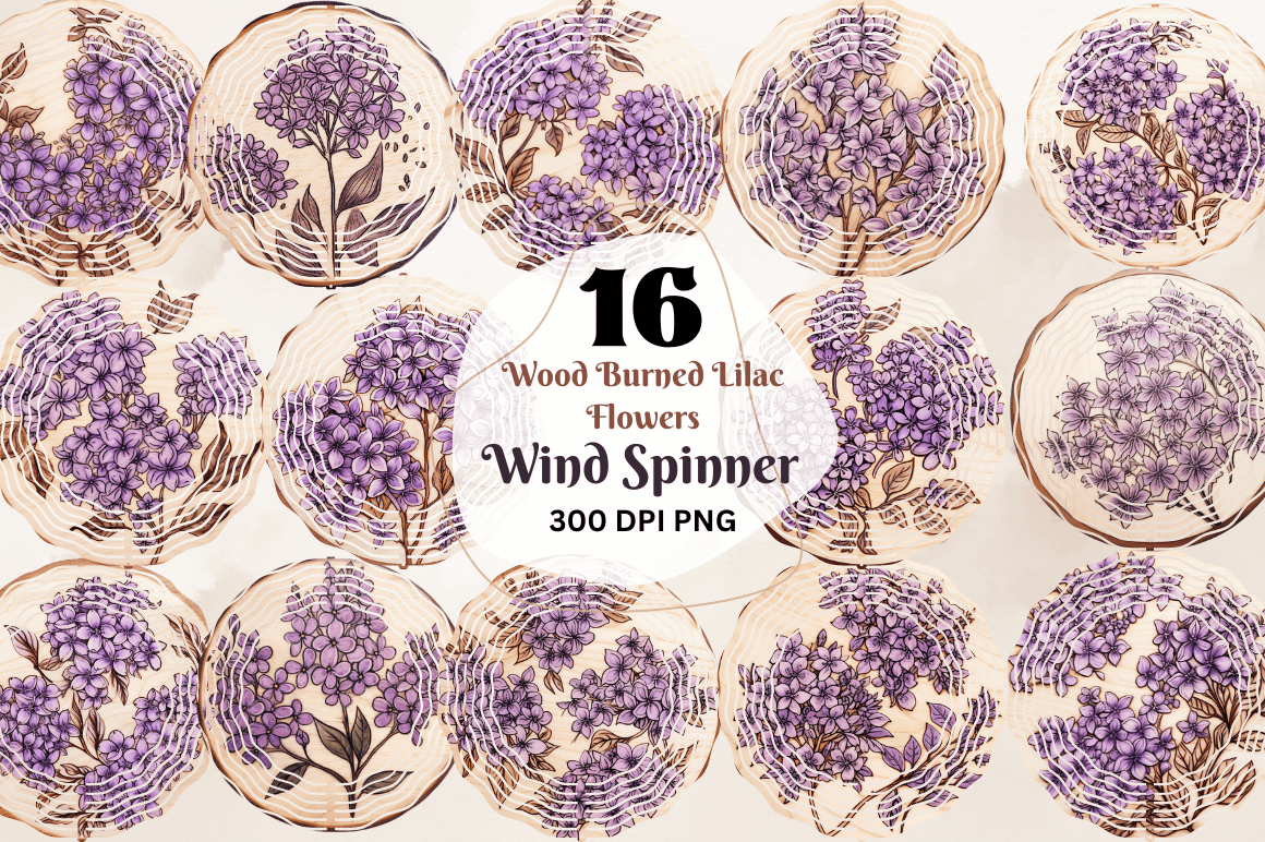 Wood Burned Lilac Flowers Wind Spinner Bundle