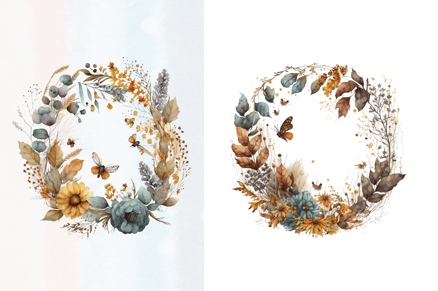 Watercolor Floral Wreath Autumn Clipart Bundle