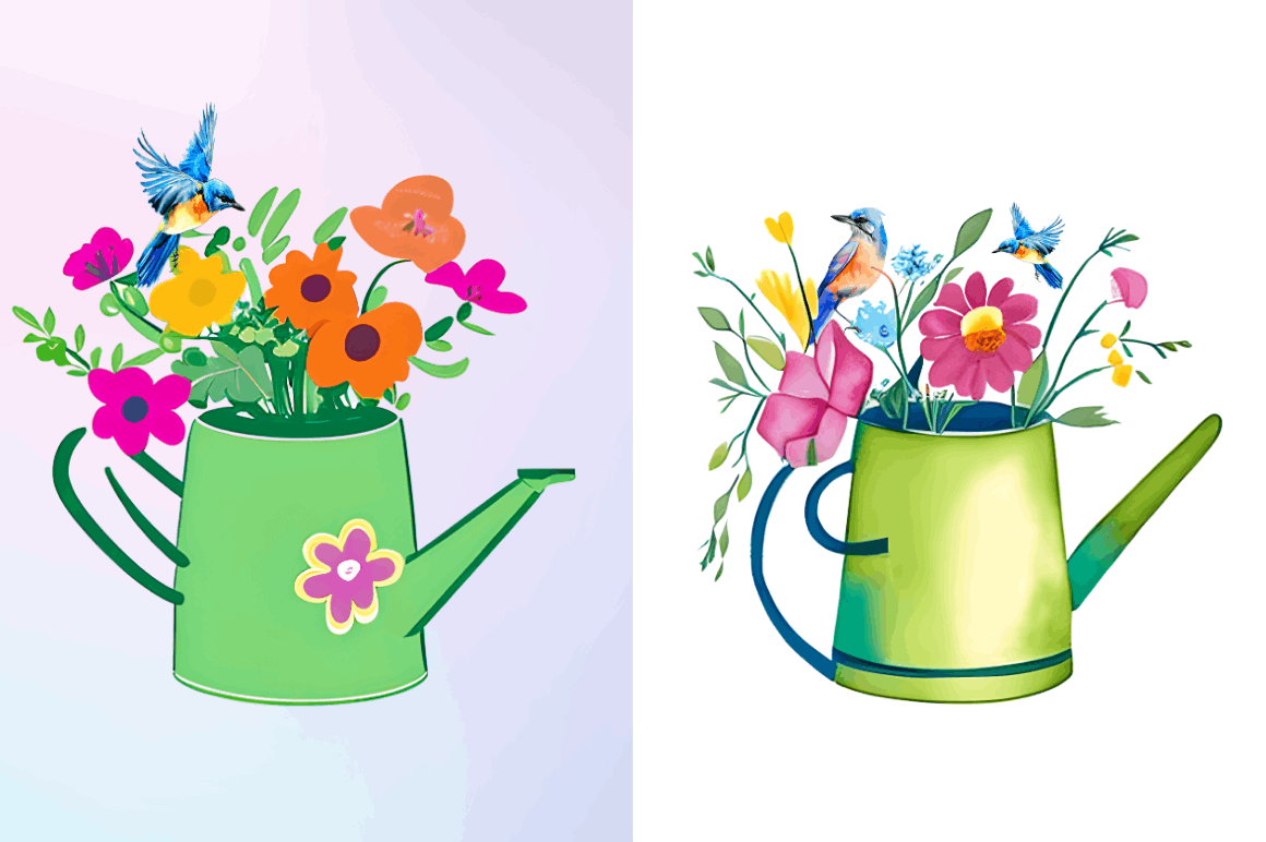 Watercolor Watering Can with Birds Clipart Bundle