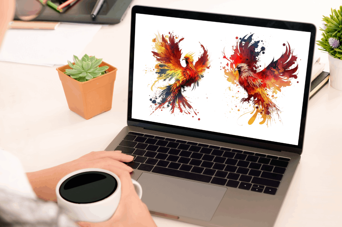 Watercolor  Fire Phoenix Clipart Bundle