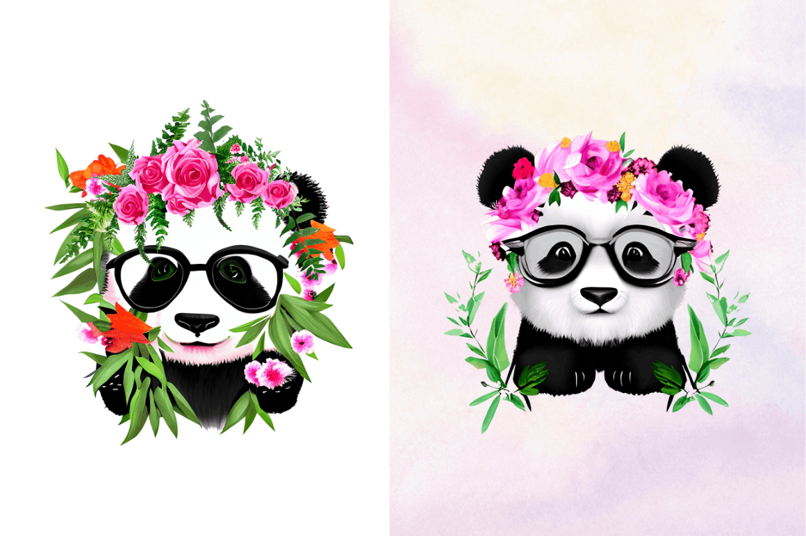 Watercolor Baby Panda and Flower Clipart Bundle