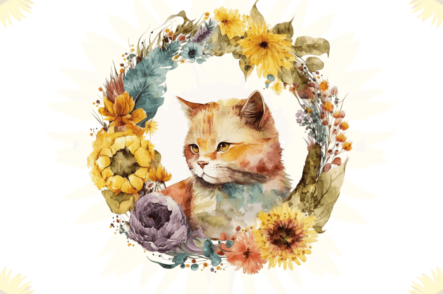 Watercolor Cat With Sunflower Bundle